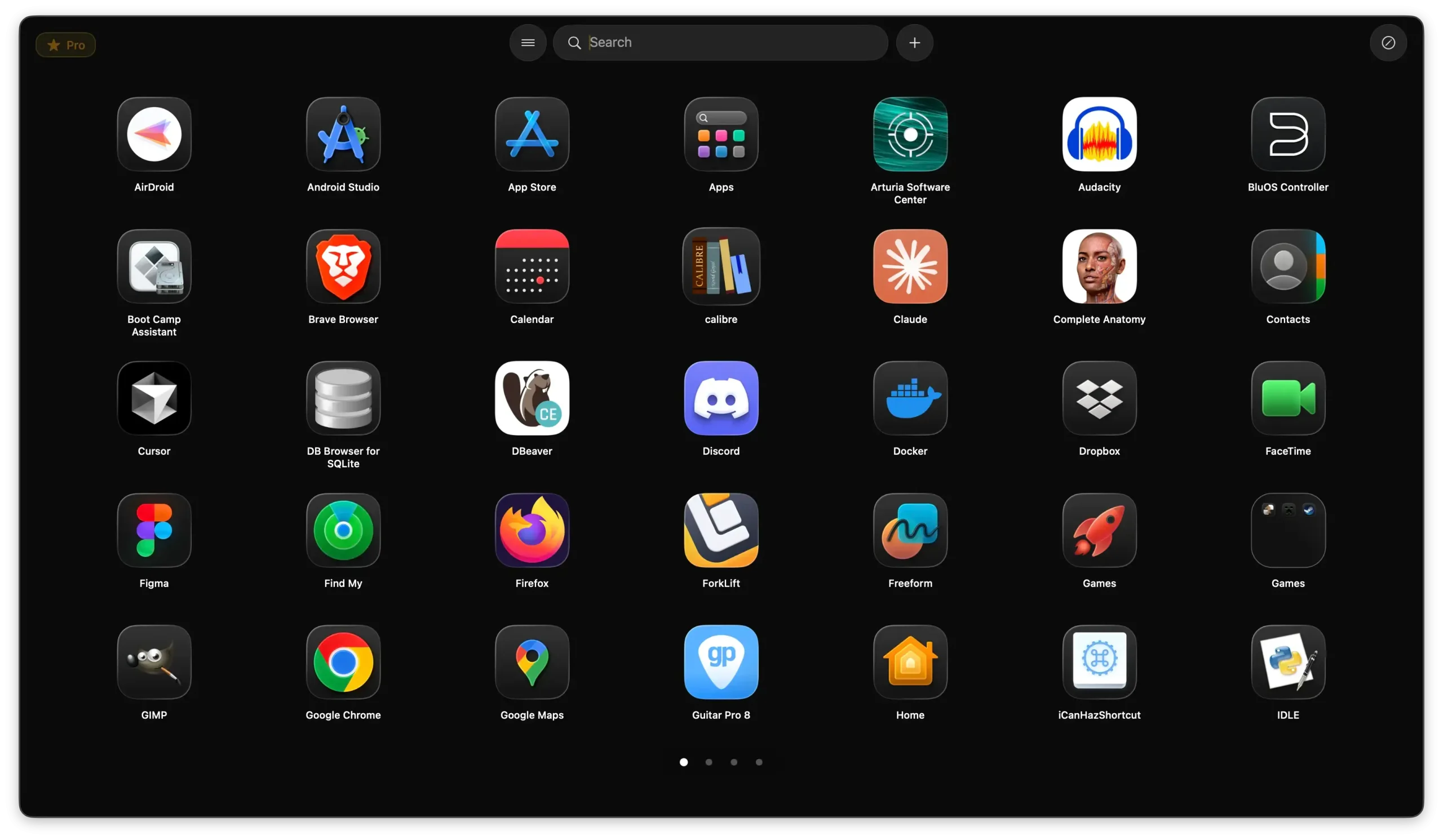 AppGrid showing a full-screen visual grid of Mac applications with search, folders, and pages